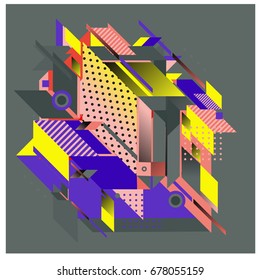 Trendy geometrical vector illustration with elements and abstract colorful textures. Design for summer holiday poster, card, brochure, and promotion template. Fashion art print and background.