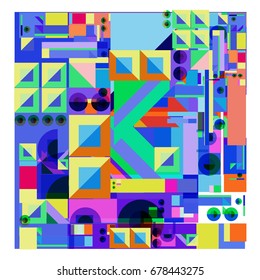 Trendy geometrical vector illustration with elements and abstract colorful textures. Design for summer holiday poster, card, brochure, and promotion template. Fashion art print and background.