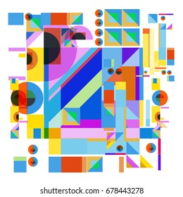 Trendy geometrical vector illustration with elements and abstract colorful textures. Design for summer holiday poster, card, brochure, and promotion template. Fashion art print and background.