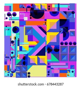 Trendy geometrical vector illustration with elements and abstract colorful textures. Design for summer holiday poster, card, brochure, and promotion template. Fashion art print and background.