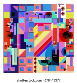 Trendy geometrical vector illustration with elements and abstract colorful textures. Design for summer holiday poster, card, brochure, and promotion template. Fashion art print and background.