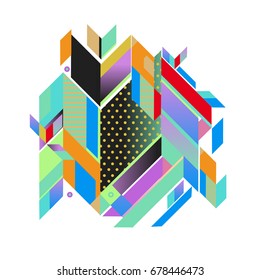 Trendy geometrical vector illustration with elements and abstract colorful textures. Design for summer holiday poster, card, brochure, and promotion template. Fashion art print and background.