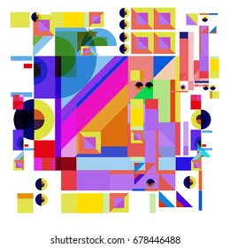Trendy geometrical vector illustration with elements and abstract colorful textures. Design for summer holiday poster, card, brochure, and promotion template. Fashion art print and background.