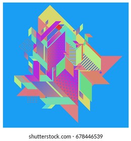 Trendy geometrical vector illustration with elements and abstract colorful textures. Design for summer holiday poster, card, brochure, and promotion template. Fashion art print and background.