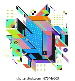 Trendy geometrical vector illustration with elements and abstract colorful textures. Design for summer holiday poster, card, brochure, and promotion template. Fashion art print and background.