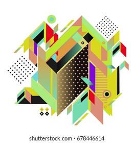 Trendy geometrical vector illustration with elements and abstract colorful textures. Design for summer holiday poster, card, brochure, and promotion template. Fashion art print and background.
