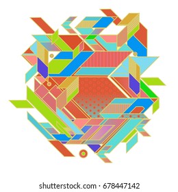 Trendy geometrical vector illustration with elements and abstract colorful textures. Design for summer holiday poster, card, brochure, and promotion template. Fashion art print and background.