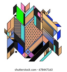 Trendy geometrical vector illustration with elements and abstract colorful textures. Design for summer holiday poster, card, brochure, and promotion template. Fashion art print and background.