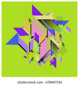 Trendy geometrical vector illustration with elements and abstract colorful textures. Design for summer holiday poster, card, brochure, and promotion template. Fashion art print and background.
