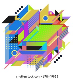 Trendy geometrical vector illustration with elements and abstract colorful textures. Design for summer holiday poster, card, brochure, and promotion template. Fashion art print and background.