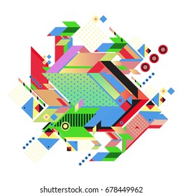 Trendy geometrical vector illustration with elements and abstract colorful textures. Design for summer holiday poster, card, brochure, and promotion template. Fashion art print and background.