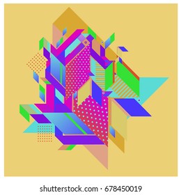 Trendy geometrical vector illustration with elements and abstract colorful textures. Design for summer holiday poster, card, brochure, and promotion template. Fashion art print and background.