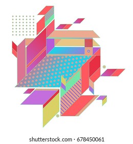 Trendy geometrical vector illustration with elements and abstract colorful textures. Design for summer holiday poster, card, brochure, and promotion template. Fashion art print and background.