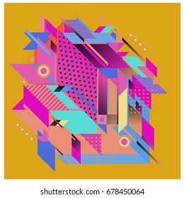 Trendy geometrical vector illustration with elements and abstract colorful textures. Design for summer holiday poster, card, brochure, and promotion template. Fashion art print and background.