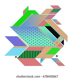 Trendy geometrical vector illustration with elements and abstract colorful textures. Design for summer holiday poster, card, brochure, and promotion template. Fashion art print and background.