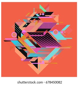 Trendy geometrical vector illustration with elements and abstract colorful textures. Design for summer holiday poster, card, brochure, and promotion template. Fashion art print and background.