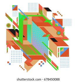 Trendy geometrical vector illustration with elements and abstract colorful textures. Design for summer holiday poster, card, brochure, and promotion template. Fashion art print and background.