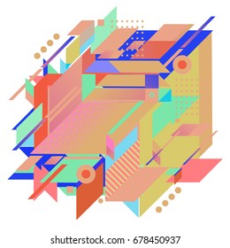 Trendy geometrical vector illustration with elements and abstract colorful textures. Design for summer holiday poster, card, brochure, and promotion template. Fashion art print and background.