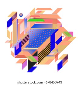 Trendy geometrical vector illustration with elements and abstract colorful textures. Design for summer holiday poster, card, brochure, and promotion template. Fashion art print and background.