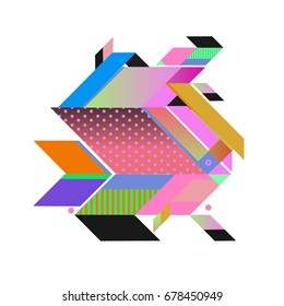 Trendy geometrical vector illustration with elements and abstract colorful textures. Design for summer holiday poster, card, brochure, and promotion template. Fashion art print and background.