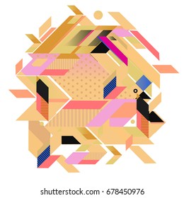Trendy geometrical vector illustration with elements and abstract colorful textures. Design for summer holiday poster, card, brochure, and promotion template. Fashion art print and background.