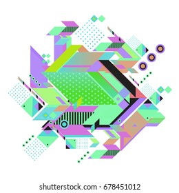 Trendy geometrical vector illustration with elements and abstract colorful textures. Design for summer holiday poster, card, brochure, and promotion template. Fashion art print and background.