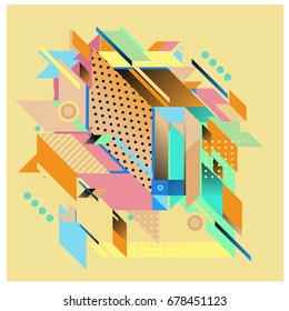 Trendy geometrical vector illustration with elements and abstract colorful textures. Design for summer holiday poster, card, brochure, and promotion template. Fashion art print and background.