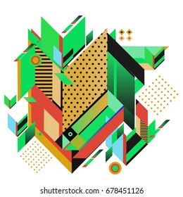 Trendy geometrical vector illustration with elements and abstract colorful textures. Design for summer holiday poster, card, brochure, and promotion template. Fashion art print and background.
