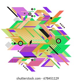 Trendy geometrical vector illustration with elements and abstract colorful textures. Design for summer holiday poster, card, brochure, and promotion template. Fashion art print and background.