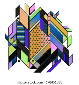 Trendy geometrical vector illustration with elements and abstract colorful textures. Design for summer holiday poster, card, brochure, and promotion template. Fashion art print and background.