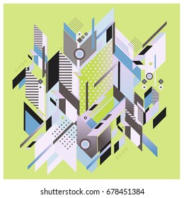 Trendy geometrical vector illustration with elements and abstract colorful textures. Design for summer holiday poster, card, brochure, and promotion template. Fashion art print and background.