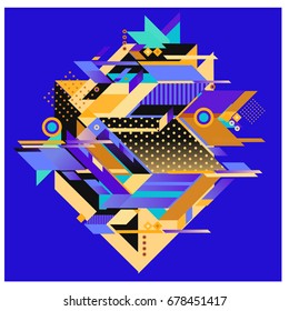 Trendy geometrical vector illustration with elements and abstract colorful textures. Design for summer holiday poster, card, brochure, and promotion template. Fashion art print and background.