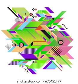 Trendy geometrical vector illustration with elements and abstract colorful textures. Design for summer holiday poster, card, brochure, and promotion template. Fashion art print and background.