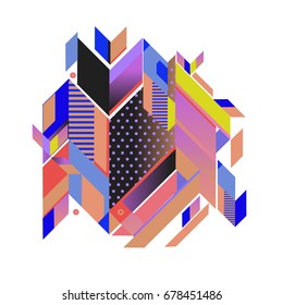 Trendy geometrical vector illustration with elements and abstract colorful textures. Design for summer holiday poster, card, brochure, and promotion template. Fashion art print and background.