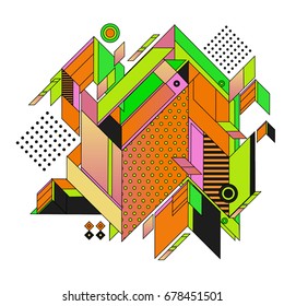 Trendy geometrical vector illustration with elements and abstract colorful textures. Design for summer holiday poster, card, brochure, and promotion template. Fashion art print and background.