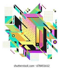 Trendy geometrical vector illustration with elements and abstract colorful textures. Design for summer holiday poster, card, brochure, and promotion template. Fashion art print and background.