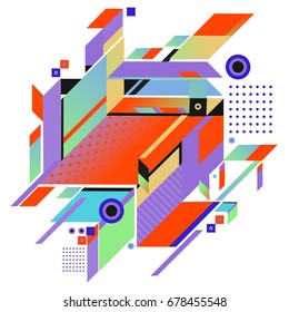 Trendy geometrical vector illustration with elements and abstract colorful textures. Design for summer holiday poster, card, brochure, and promotion template. Fashion art print and background.
