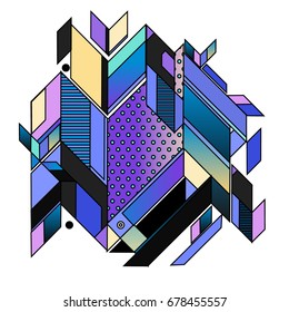 Trendy geometrical vector illustration with elements and abstract colorful textures. Design for summer holiday poster, card, brochure, and promotion template. Fashion art print and background.