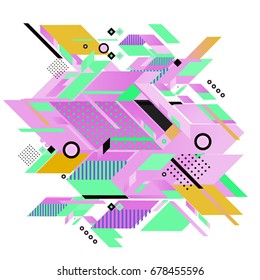 Trendy geometrical vector illustration with elements and abstract colorful textures. Design for summer holiday poster, card, brochure, and promotion template. Fashion art print and background.