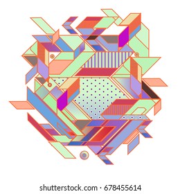 Trendy geometrical vector illustration with elements and abstract colorful textures. Design for summer holiday poster, card, brochure, and promotion template. Fashion art print and background.