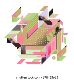 Trendy geometrical vector illustration with elements and abstract colorful textures. Design for summer holiday poster, card, brochure, and promotion template. Fashion art print and background.