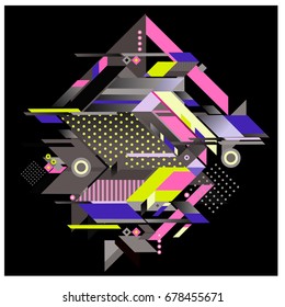 Trendy geometrical vector illustration with elements and abstract colorful textures. Design for summer holiday poster, card, brochure, and promotion template. Fashion art print and background.