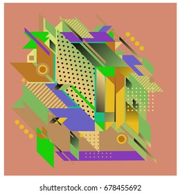 Trendy geometrical vector illustration with elements and abstract colorful textures. Design for summer holiday poster, card, brochure, and promotion template. Fashion art print and background.