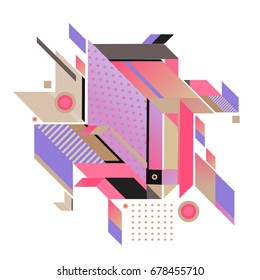Trendy geometrical vector illustration with elements and abstract colorful textures. Design for summer holiday poster, card, brochure, and promotion template. Fashion art print and background.