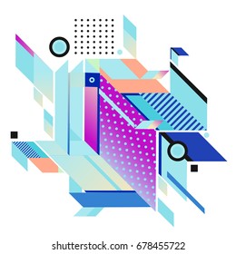 Trendy geometrical vector illustration with elements and abstract colorful textures. Design for summer holiday poster, card, brochure, and promotion template. Fashion art print and background.