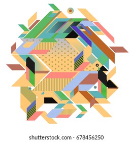 Trendy geometrical vector illustration with elements and abstract colorful textures. Design for summer holiday poster, card, brochure, and promotion template. Fashion art print and background.