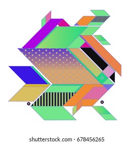 Trendy geometrical vector illustration with elements and abstract colorful textures. Design for summer holiday poster, card, brochure, and promotion template. Fashion art print and background.