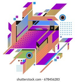 Trendy geometrical vector illustration with elements and abstract colorful textures. Design for summer holiday poster, card, brochure, and promotion template. Fashion art print and background.