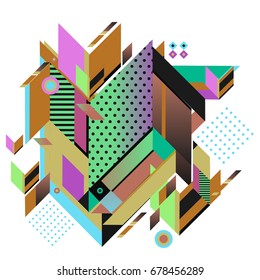 Trendy geometrical vector illustration with elements and abstract colorful textures. Design for summer holiday poster, card, brochure, and promotion template. Fashion art print and background.