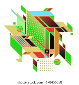 Trendy geometrical vector illustration with elements and abstract colorful textures. Design for summer holiday poster, card, brochure, and promotion template. Fashion art print and background.
